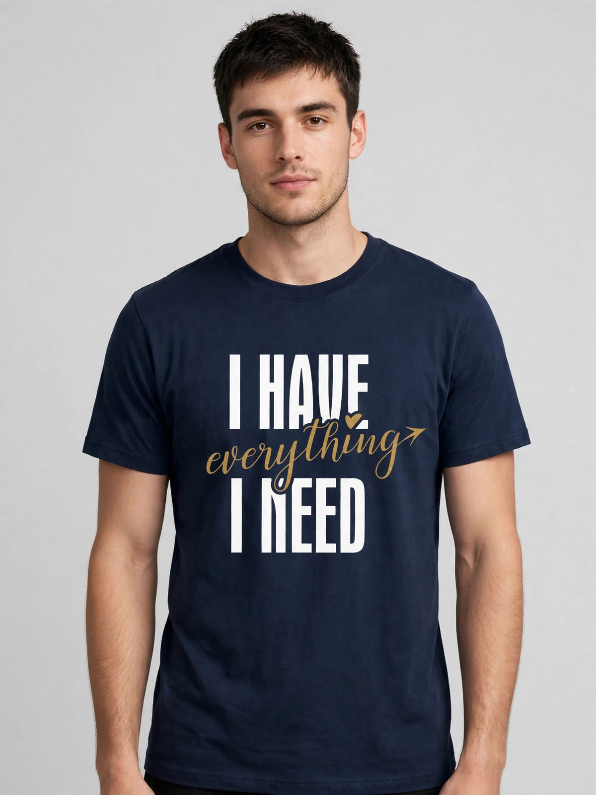 I Have / I Am Couple T-Shirt Set – 180 GSM – worn by actor, front view — men's navy