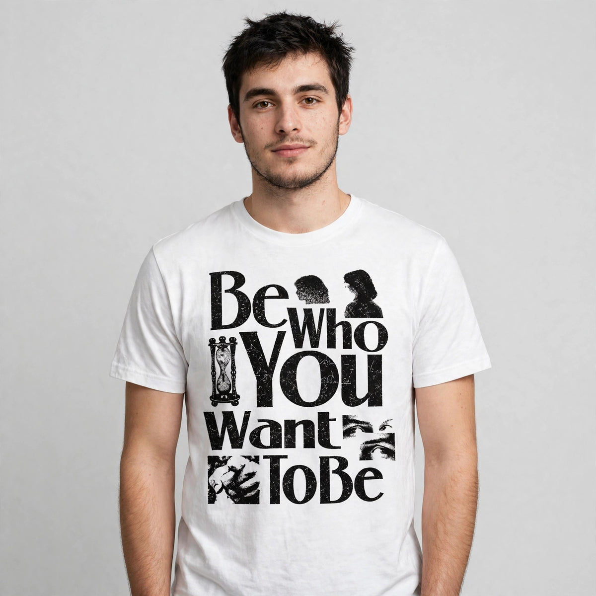 Be Who You Want To Be Tee – Half Sleeve 180 GSM – worn by actor, front view