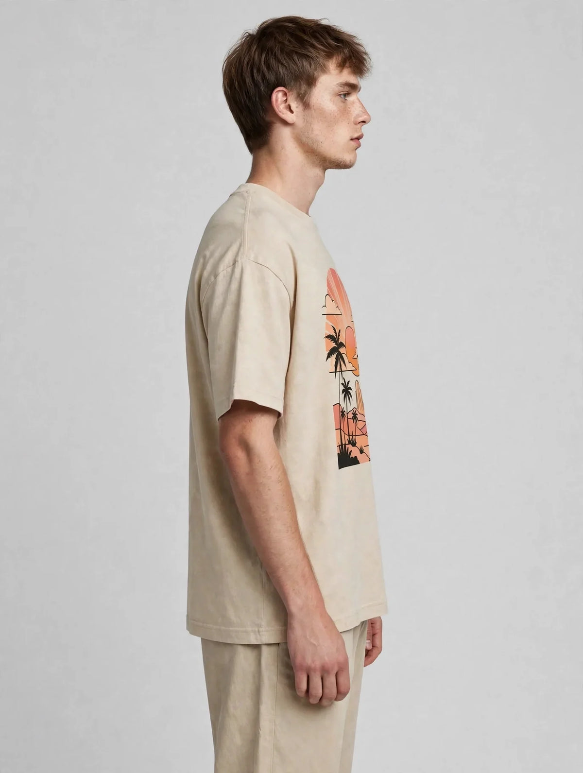 Men Beige Sunset Graphic Oversized T-Shirt