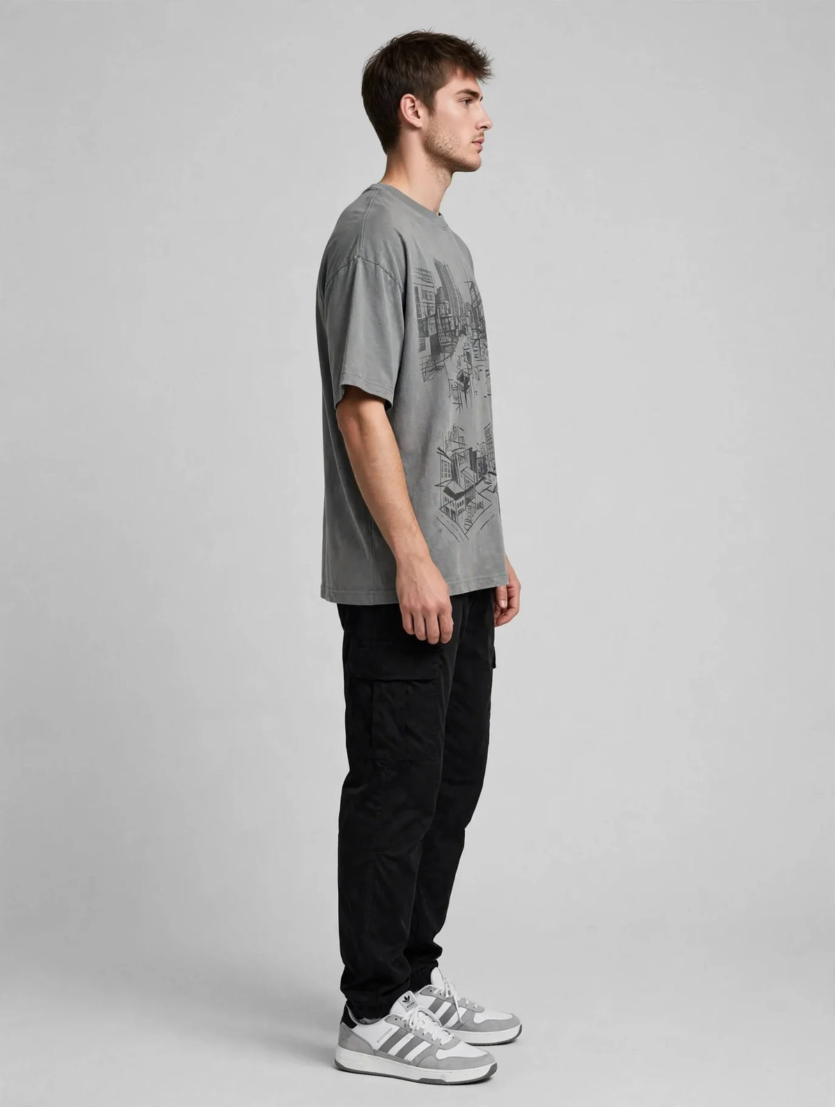 Men Grey Urban Graphic Oversized T-Shirt