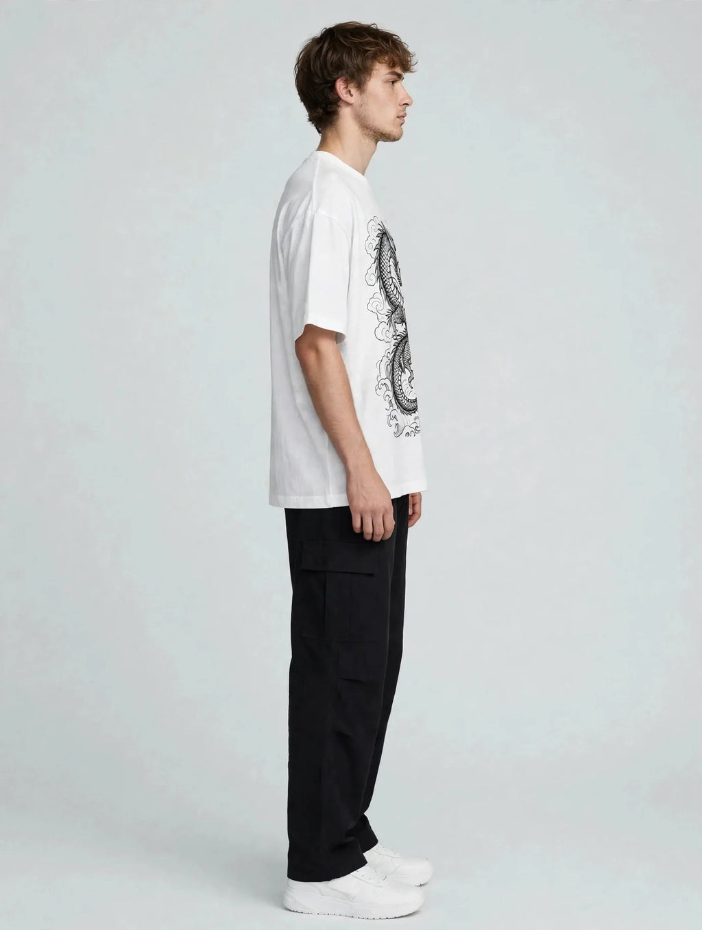 Men White Dragon Graphic Oversized T-Shirt
