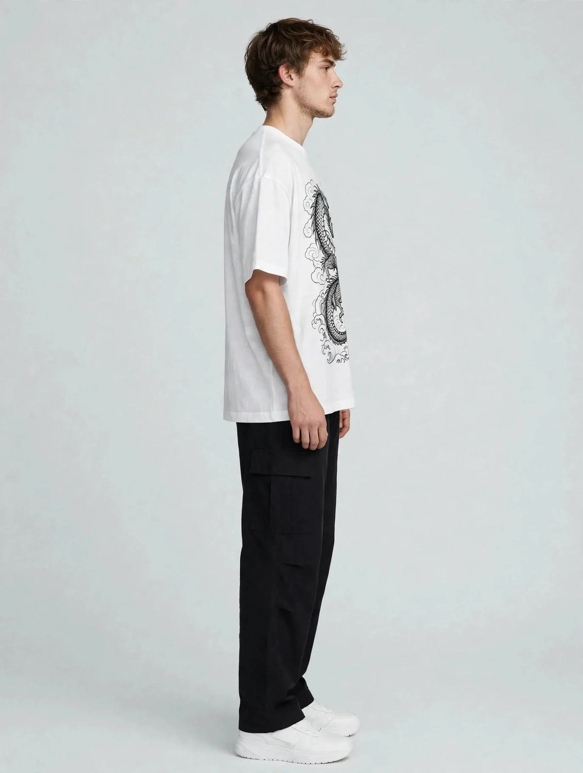 Men White Dragon Graphic Oversized T-Shirt