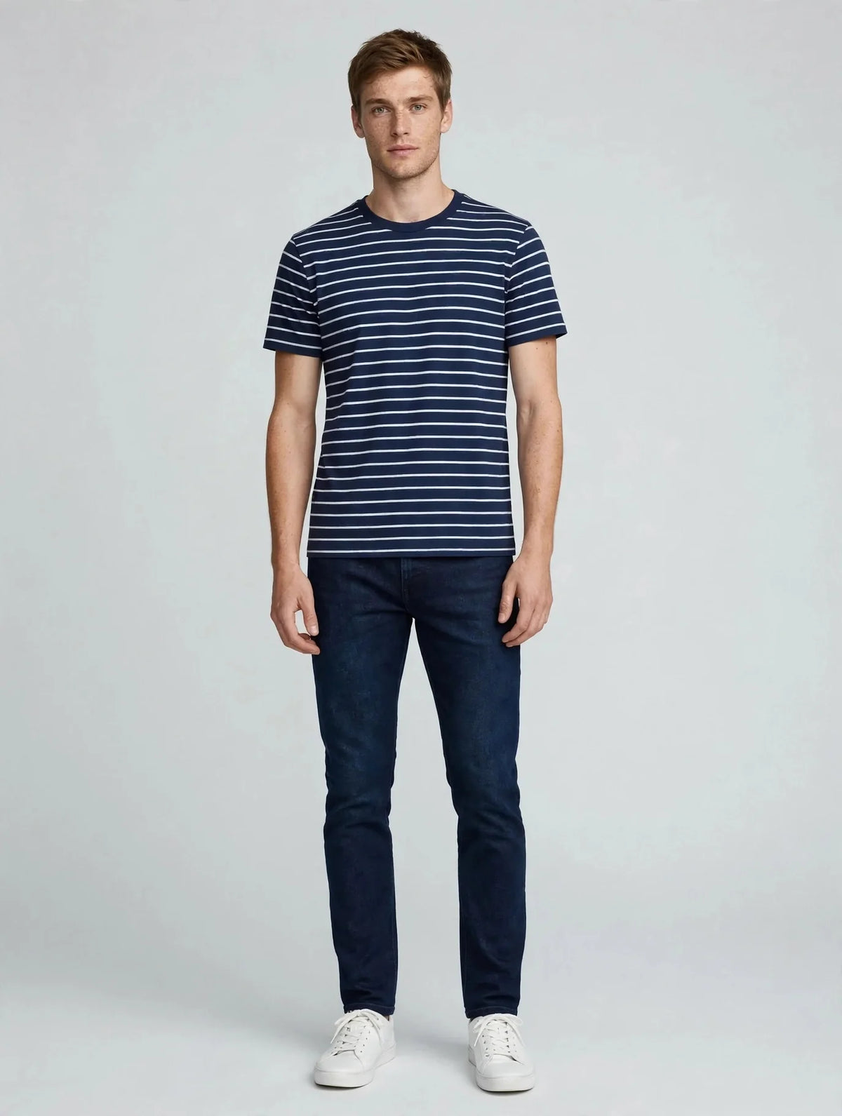 Men Navy Striped T-Shirt