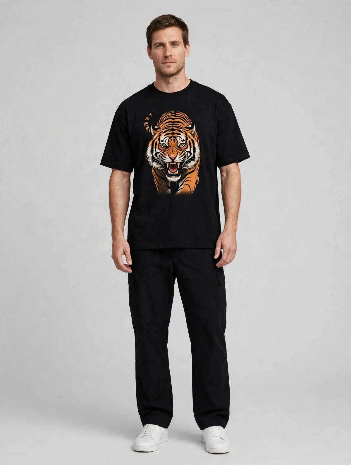 Men Black Tiger Graphic Oversized T-Shirt