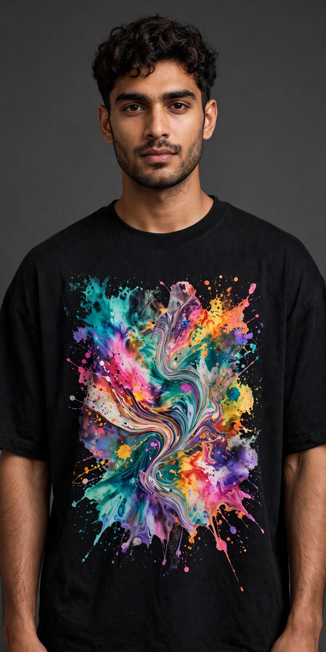 Men Black Acid Graphic Oversized T-Shirt on model