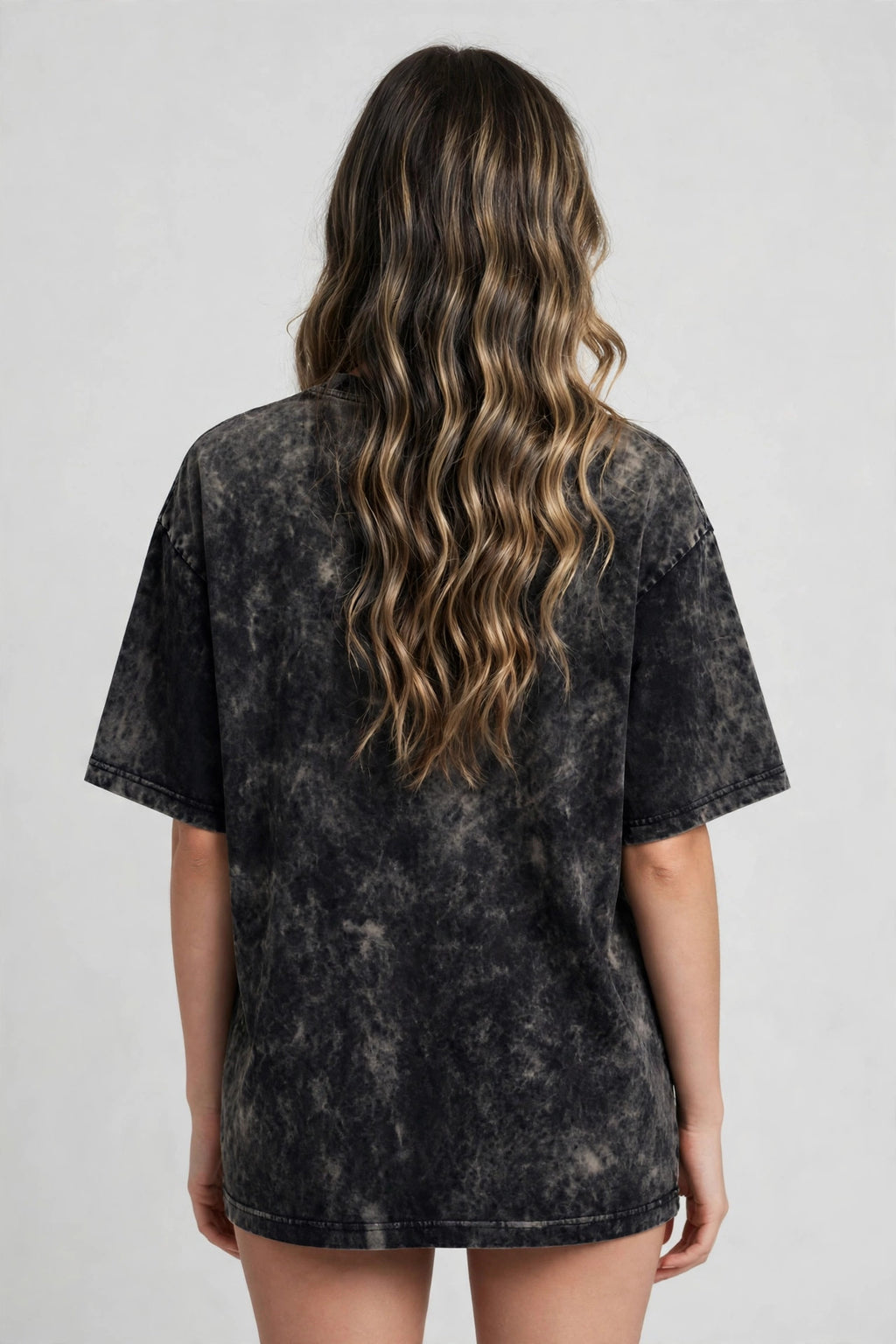 Staying Alive Acid Washed Oversized Tee – 200 GSM – worn by female model, back view