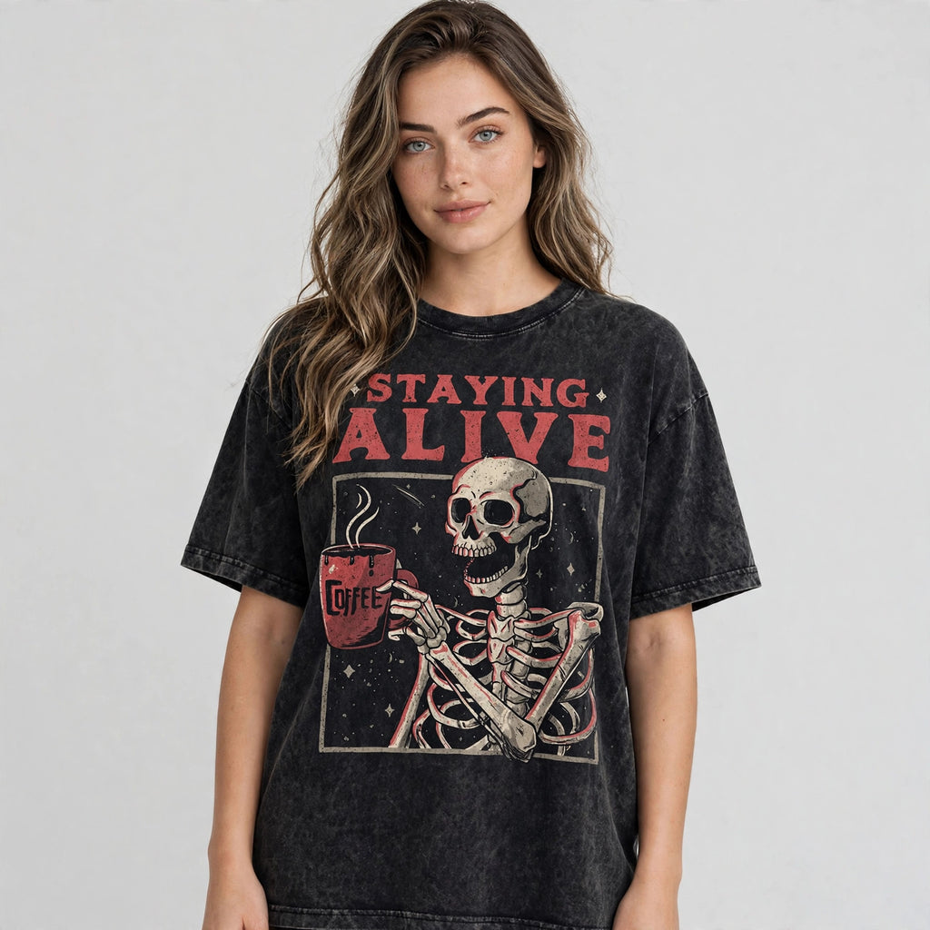 Staying Alive Acid Washed Oversized Tee – 200 GSM – worn by female model, front view