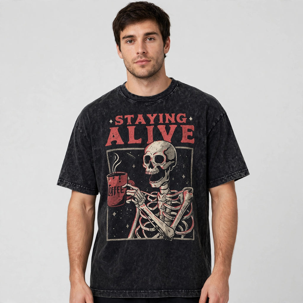 Staying Alive Acid Washed Oversized Tee – 200 GSM – worn by male model, front view