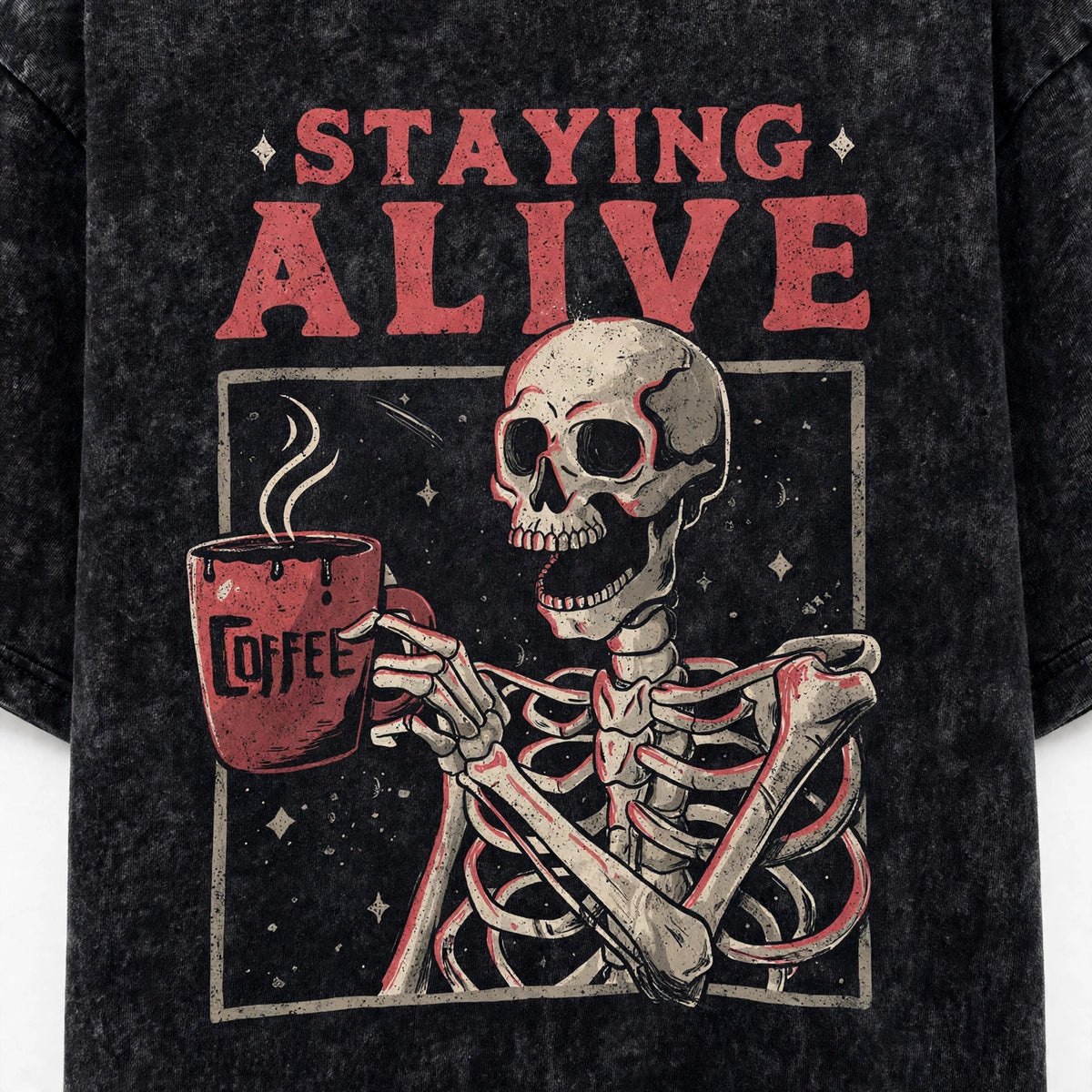 Staying Alive Acid Washed Oversized Tee – 200 GSM – print detail zoom