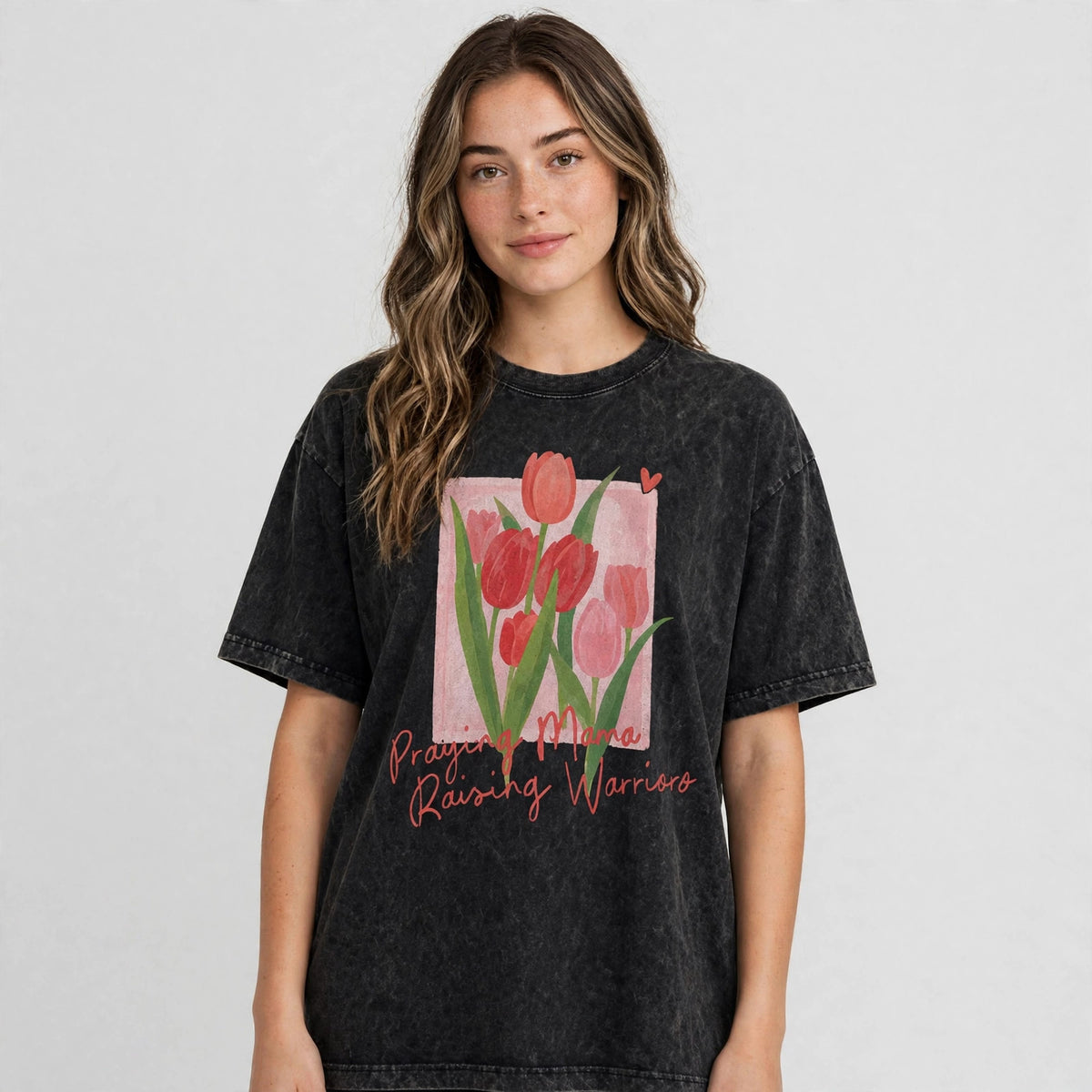 Tulips Acid Washed Oversized Tee – 200 GSM – worn by female model, front view