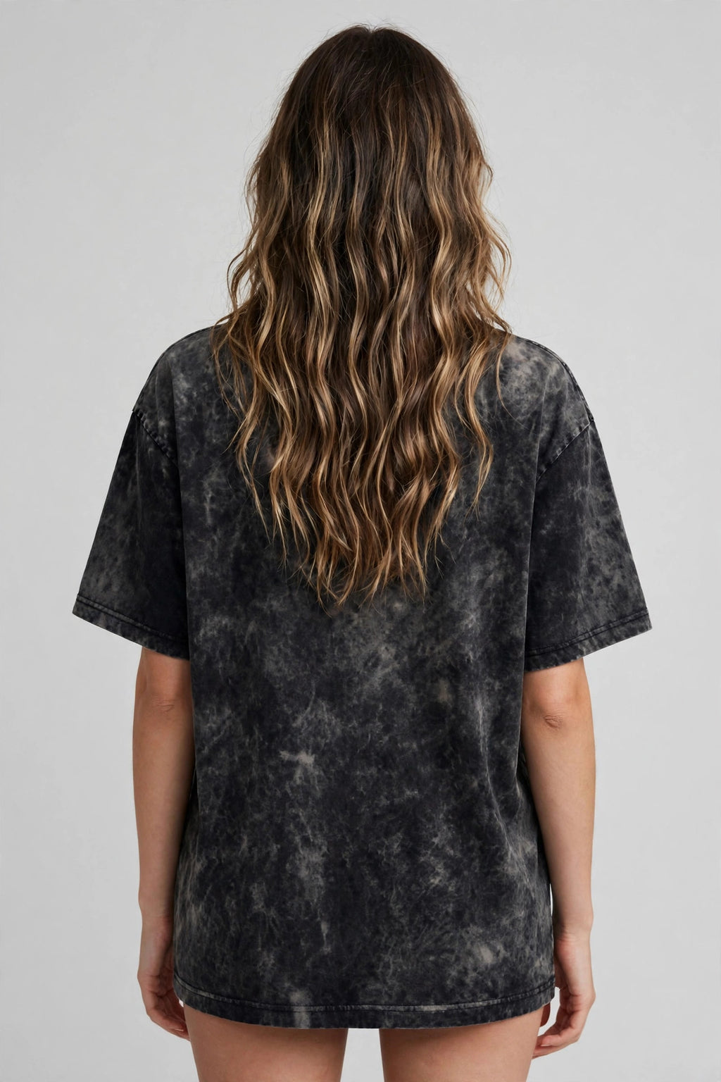 Vengeance Acid Washed Oversized Tee – 200 GSM – worn by female model, back view