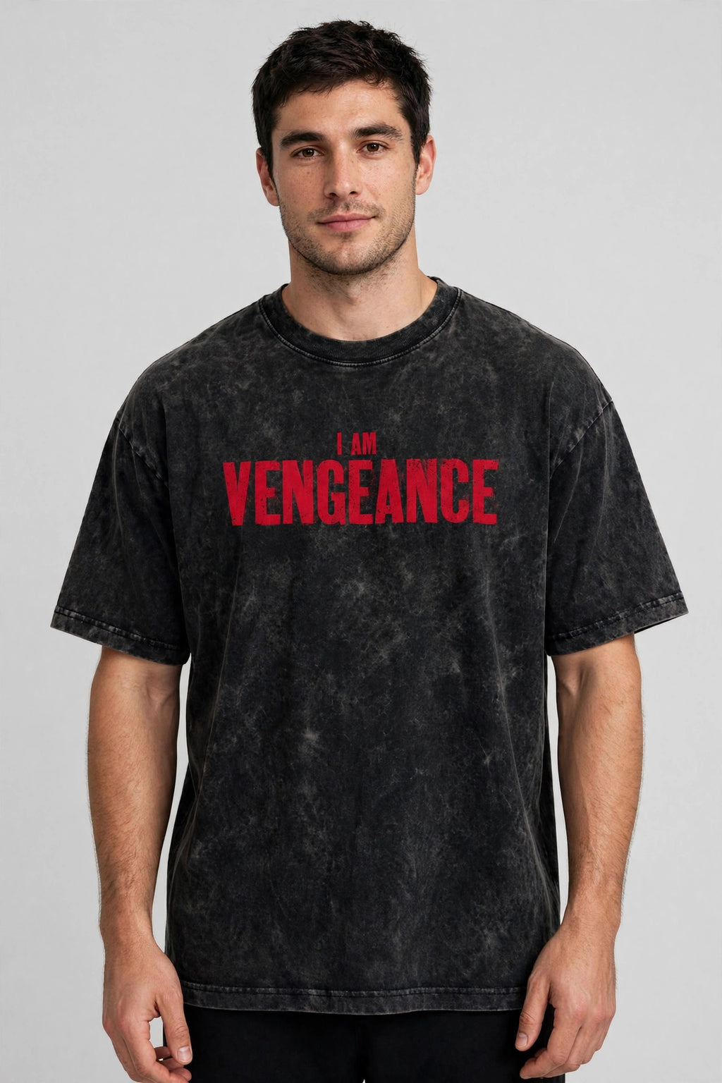Vengeance Acid Washed Oversized Tee – 200 GSM – worn by male model, front view