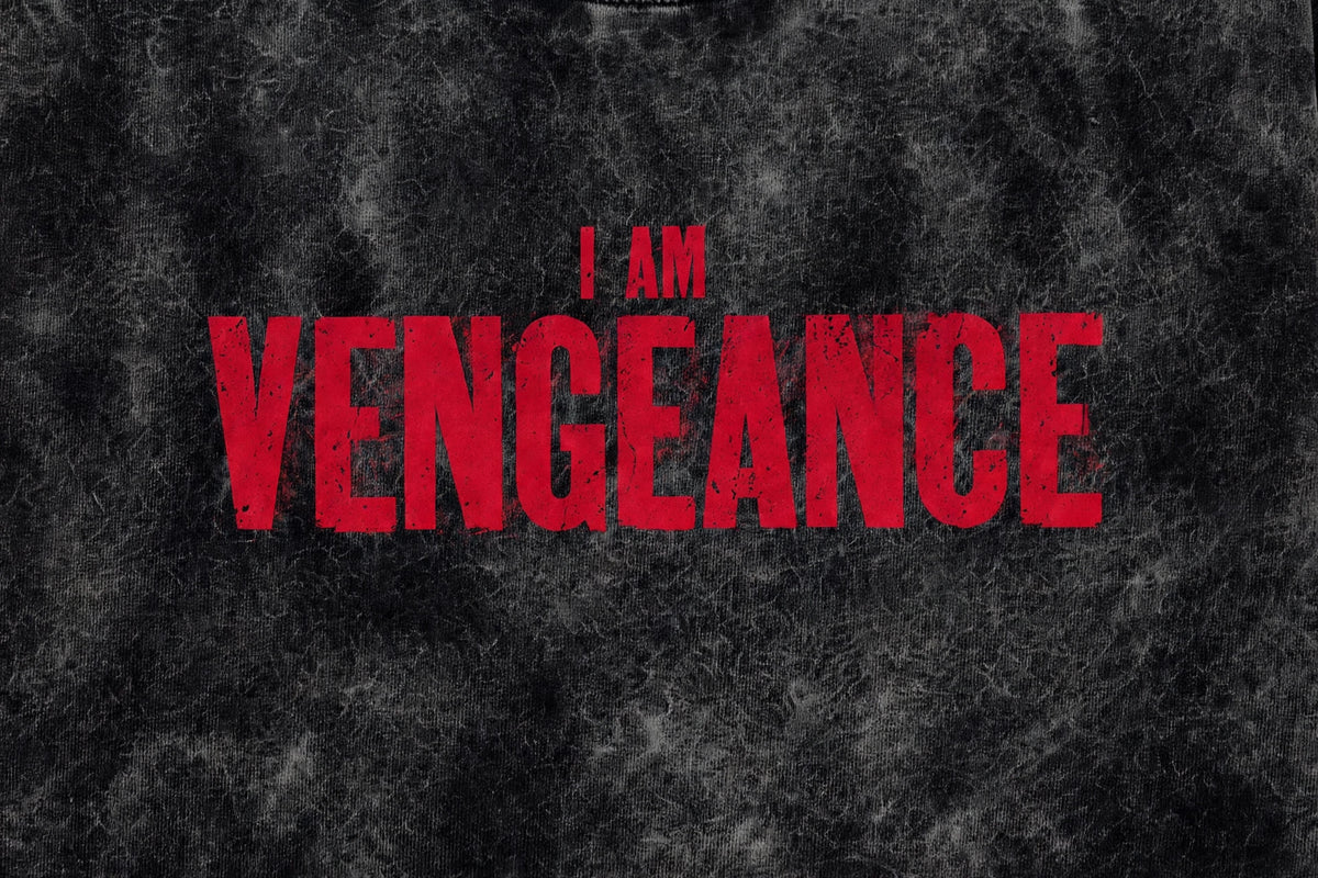 Vengeance Acid Washed Oversized Tee – 200 GSM – print detail zoom