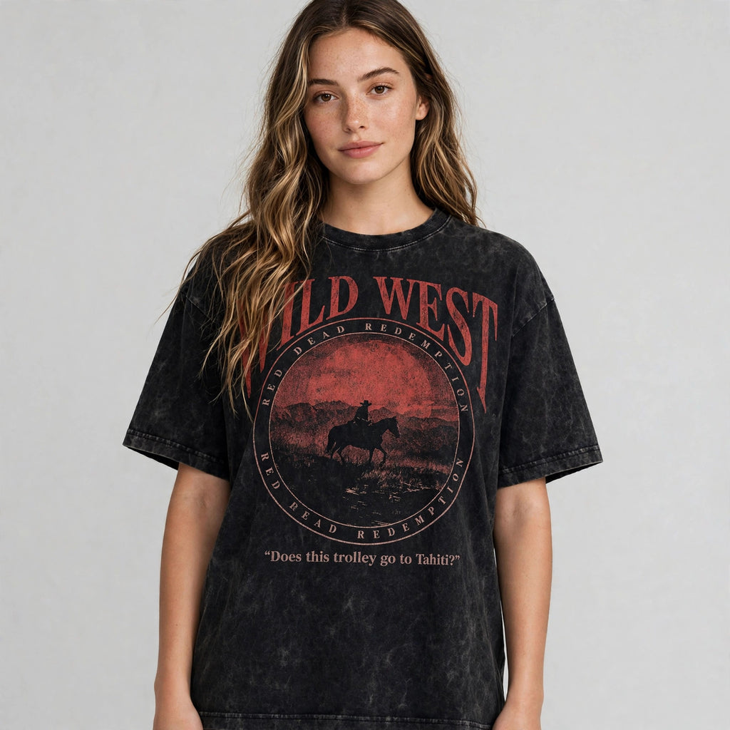 Wild West Acid Washed Oversized Tee – 200 GSM – worn by female model, front view