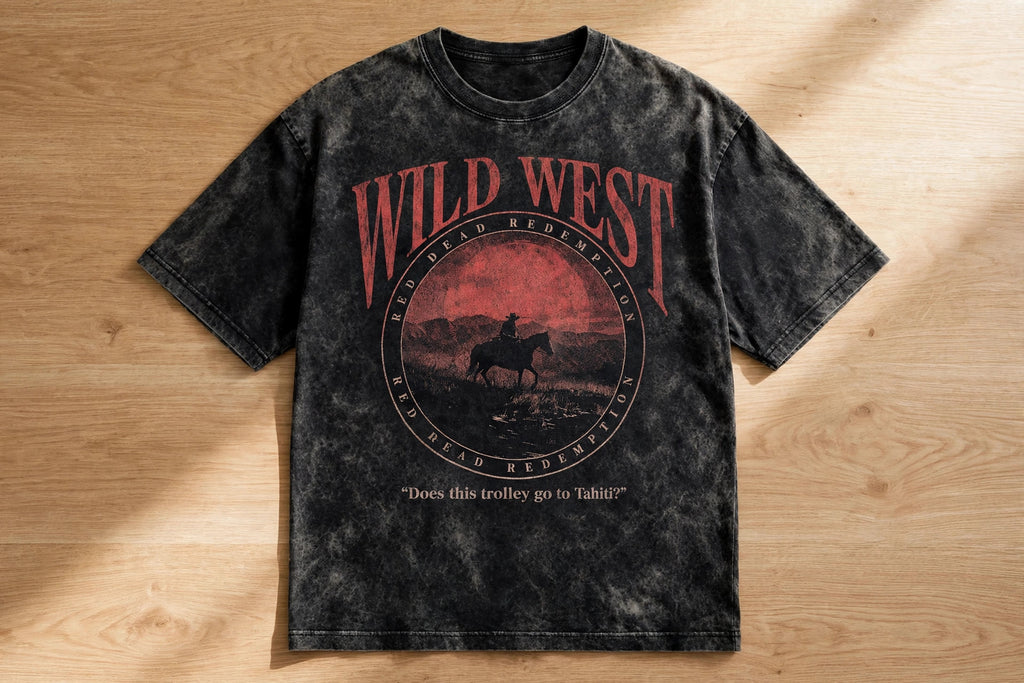 Wild West Acid Washed Oversized Tee – 200 GSM – flat-lay table view