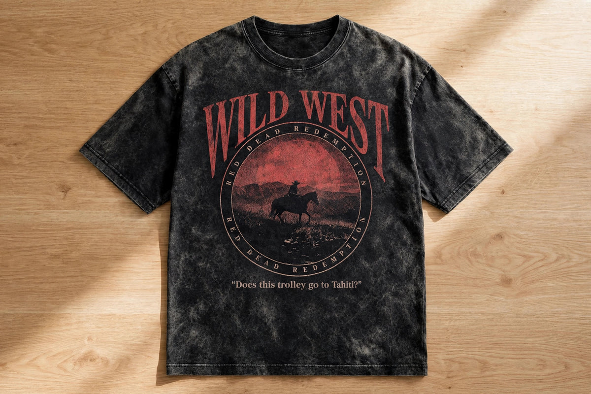 Wild West Acid Washed Oversized Tee – 200 GSM – flat-lay table view